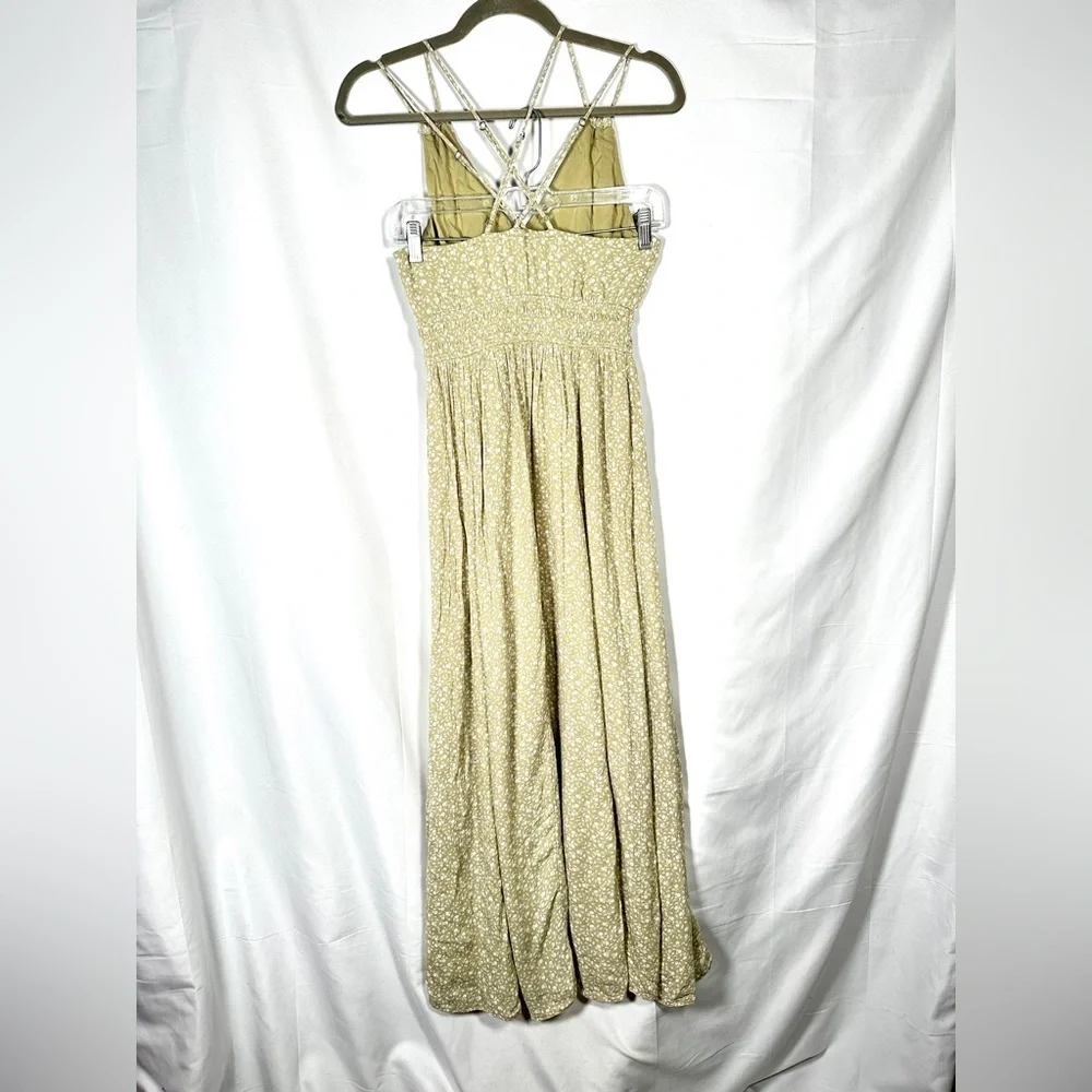 Abercrombie & Fitch Floral Viscose Maxi Dress Olive Green Smocked Strappy XS